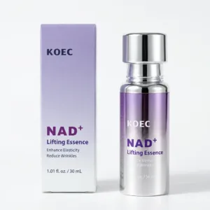 KOEC NAD+ Lifting Essence 30 mL bottle standing next to its lavender box on a white background